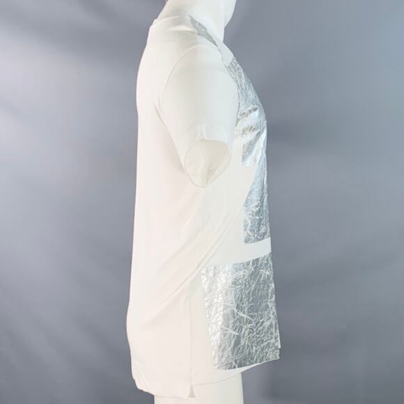 HELMUT LANG S White Silver Distressed Graphic Cotton Blend Crew Neck T-shirt - Picture 2 of 7